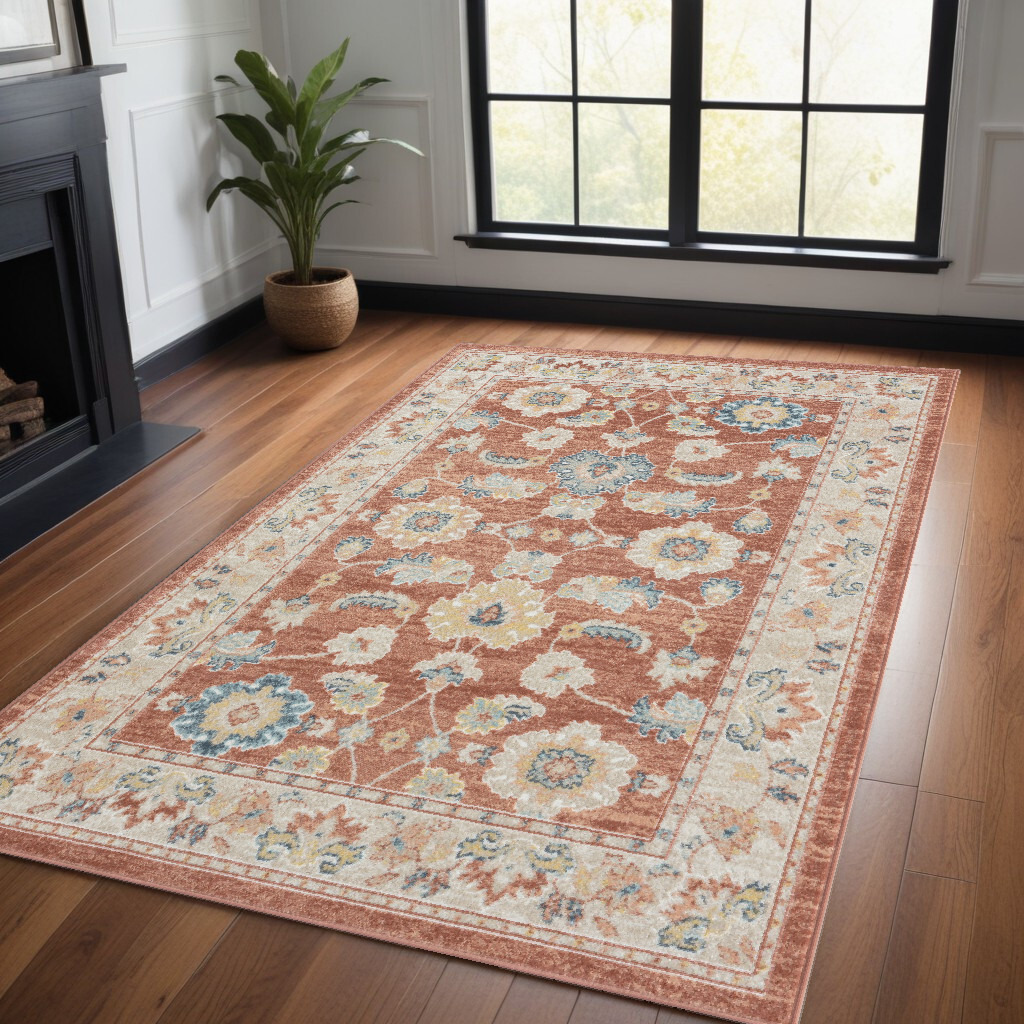 4' X 6' Red and Ivory Oriental Power Loom Area Rug