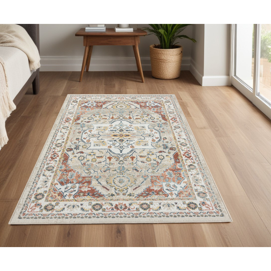 4' X 6' Ivory and Red Oriental Power Loom Area Rug
