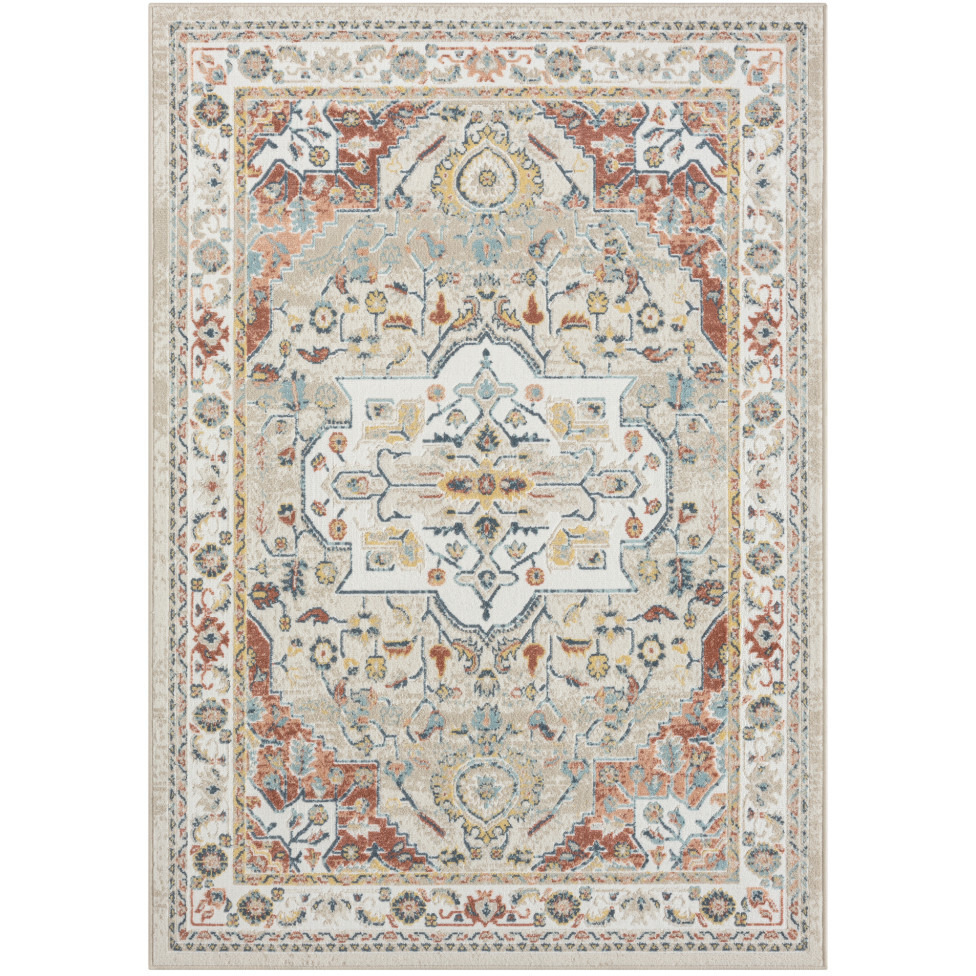 4' X 6' Ivory and Red Oriental Power Loom Area Rug