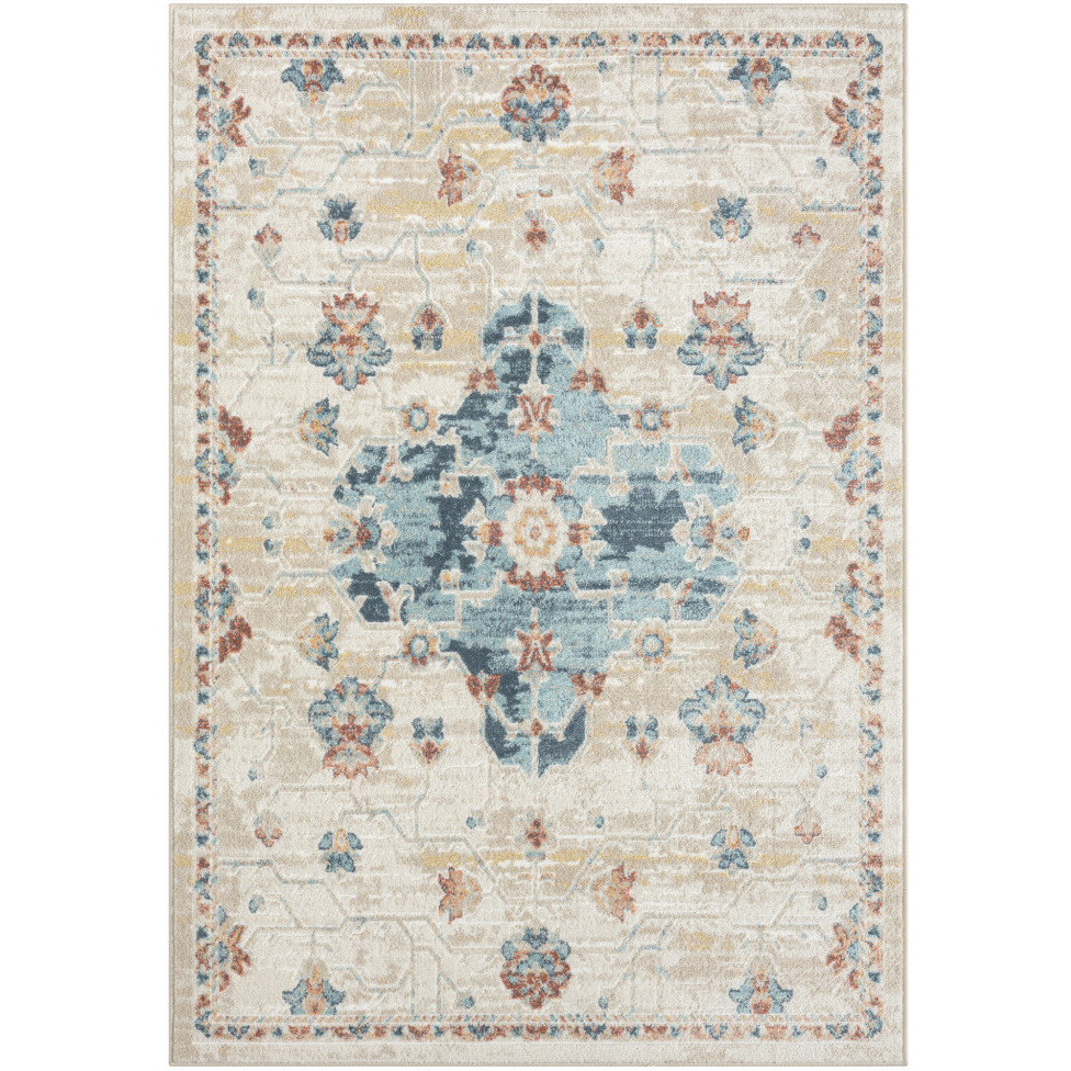4' X 6' Ivory and Blue Medallion Power Loom Area Rug