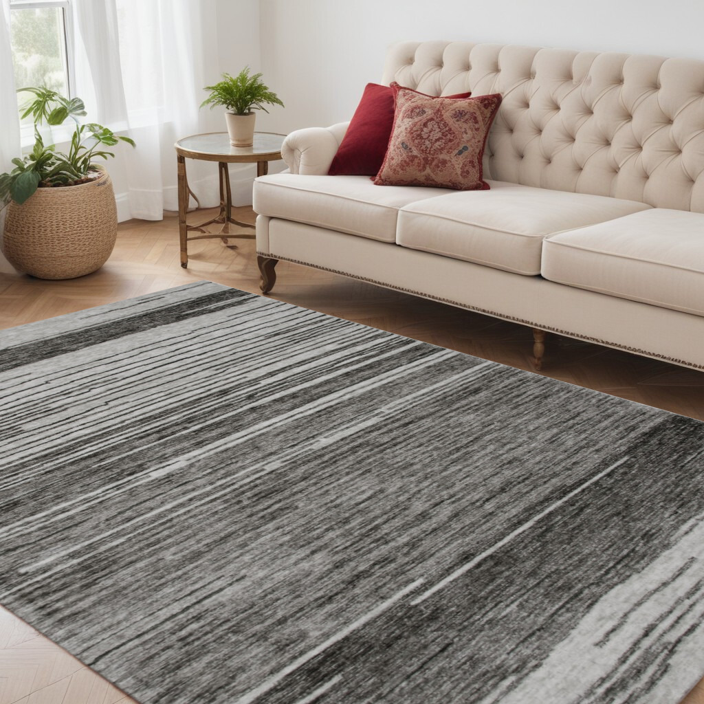 5' X 8' Gray and Black Abstract Power Loom Distressed Area Rug