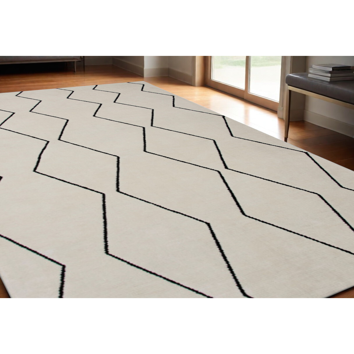 5' X 8' Beige and Black Geometric Power Loom Distressed Area Rug