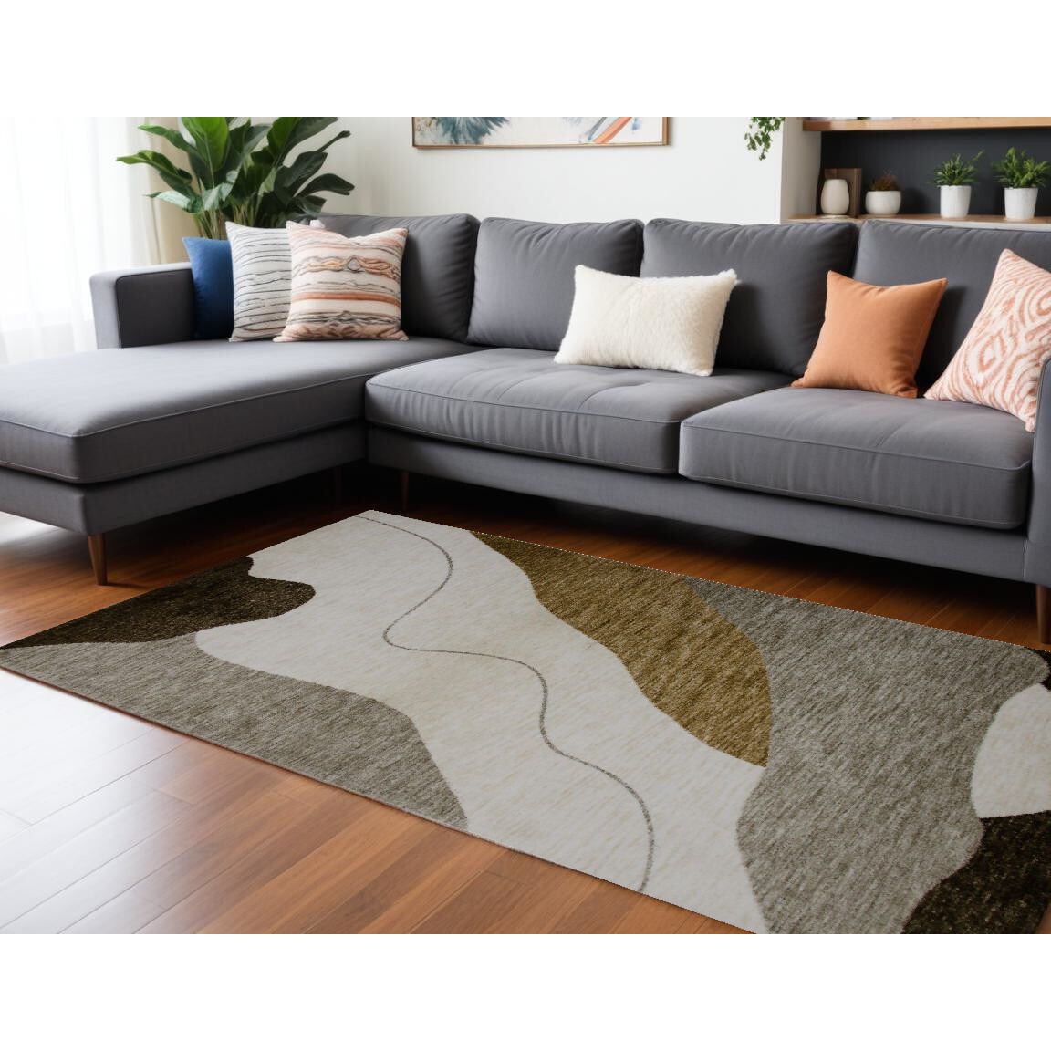 8' X 11' Beige and Brown Abstract Power Loom Distressed Area Rug