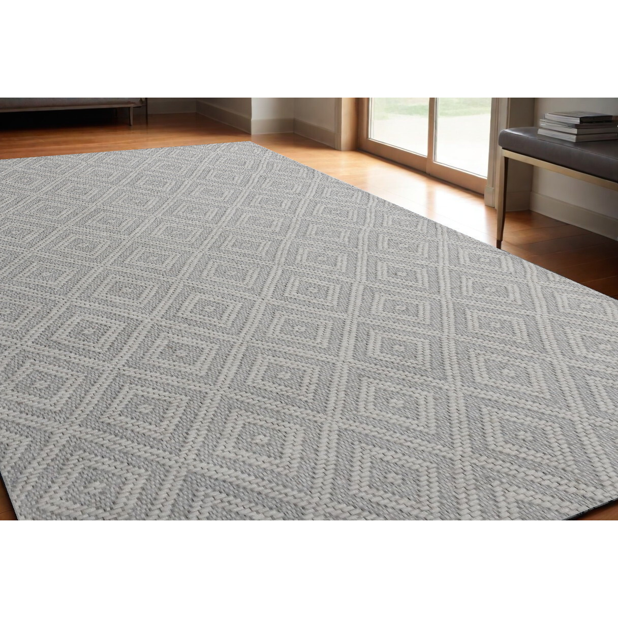 5' X 8' Gray and Ivory Geometric Hand Woven Non Skid Area Rug
