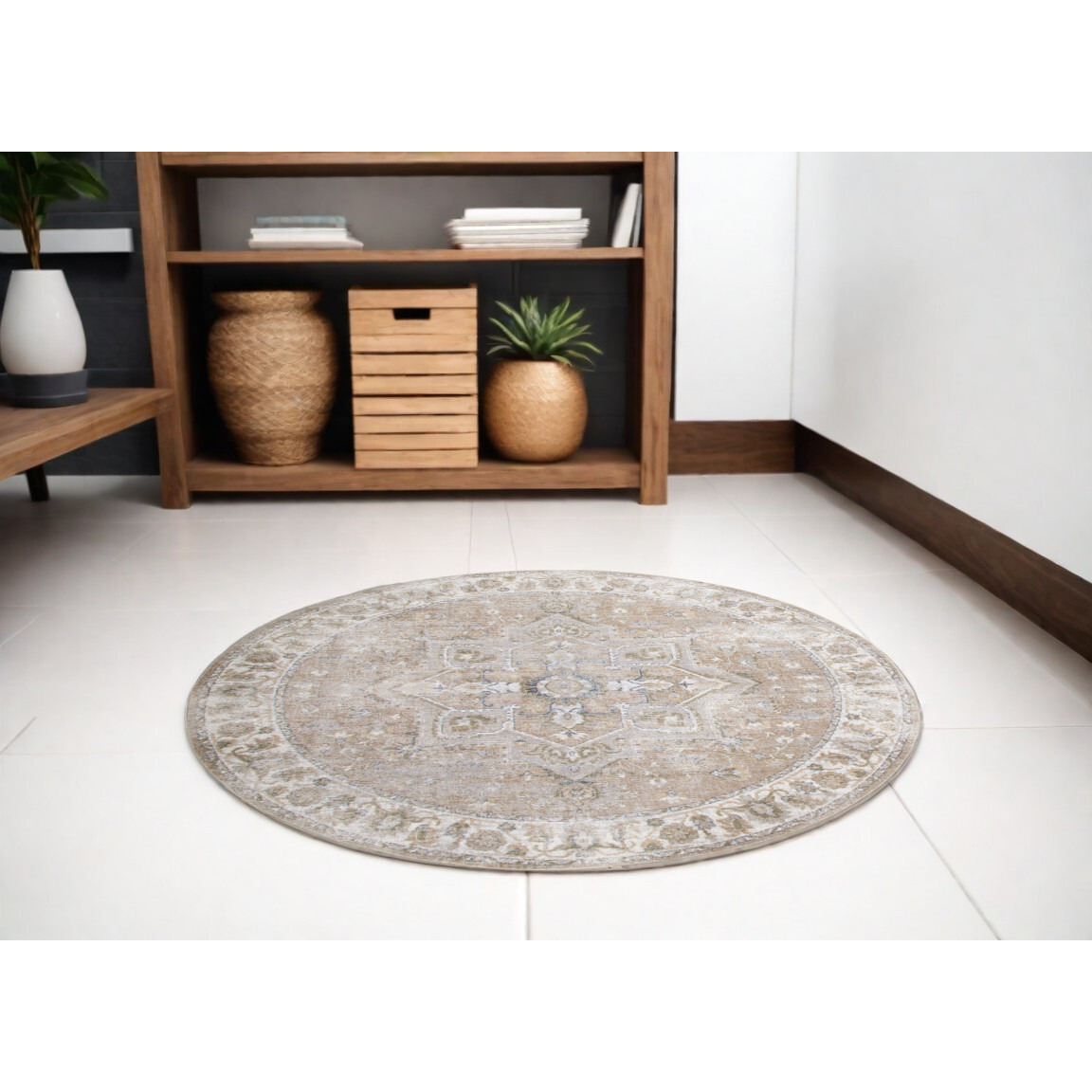 5' Beige and Ivory Round Floral Medallion Power Loom Washable Area Rug