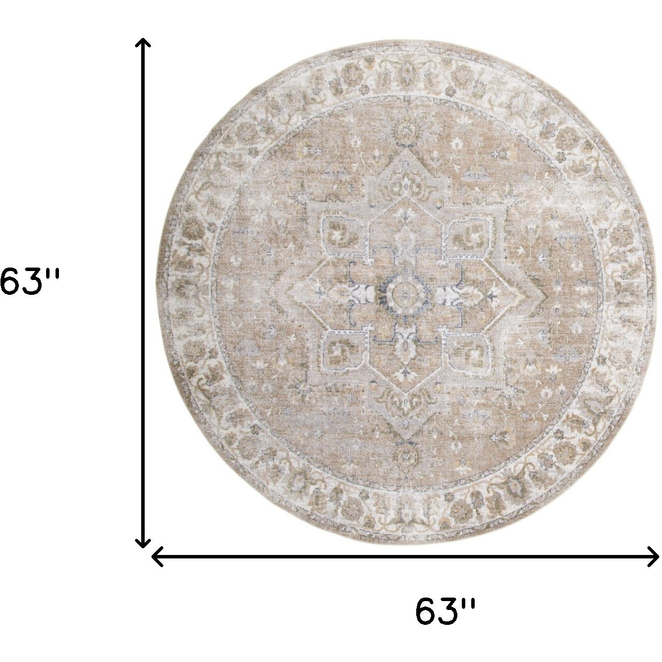 5' Beige and Ivory Round Floral Medallion Power Loom Washable Area Rug