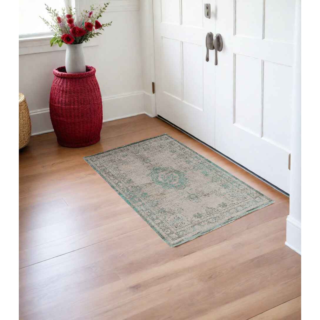 3' X 5' Gray and Green Medallion Non Skid Area Rug