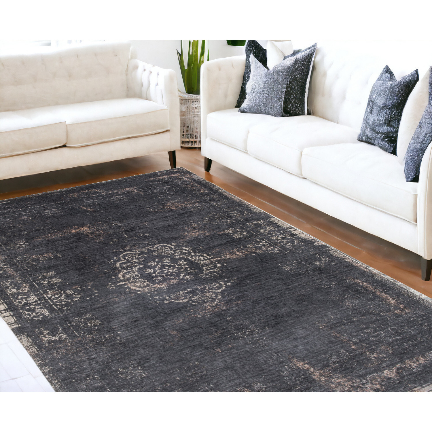 6' X 8' Gray and Black Medallion Non Skid Area Rug