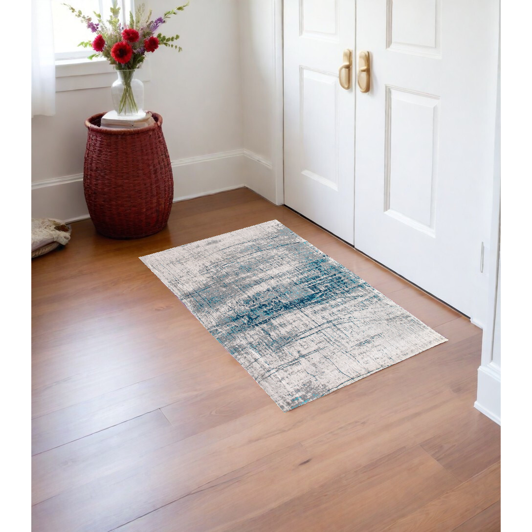 3' X 5' Blue and Gray Abstract Non Skid Area Rug