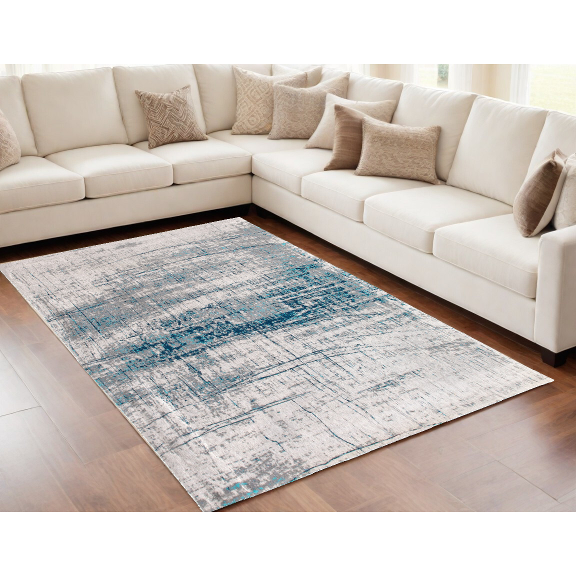 5' X 7' Blue and Gray Abstract Non Skid Area Rug