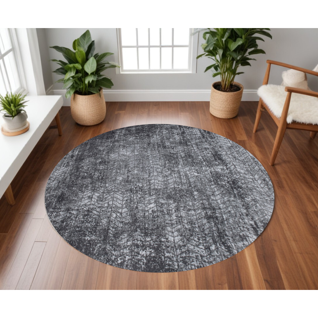 8' Black and Gray Round Chevron Non Skid Area Rug