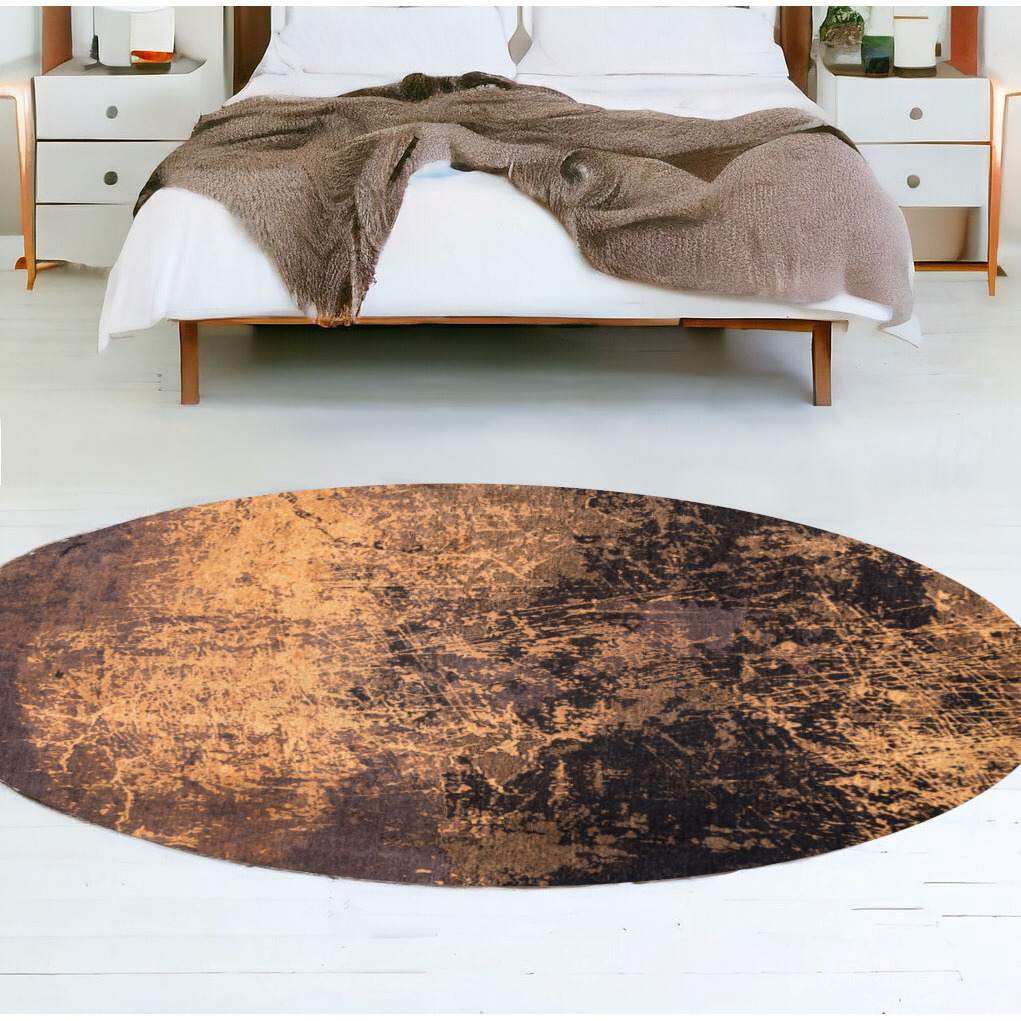 8' Yellow and Brown Round Abstract Non Skid Area Rug
