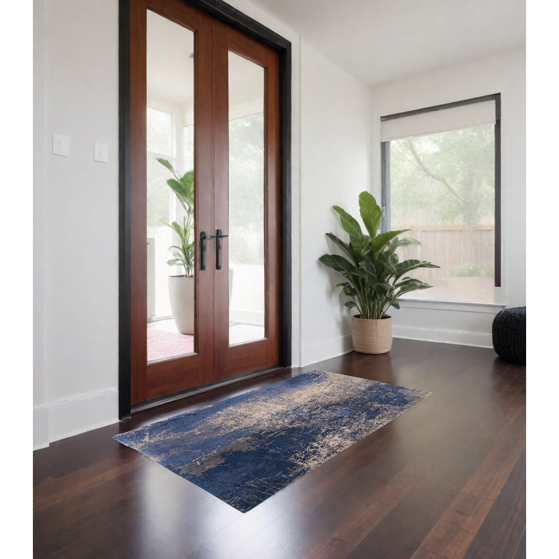 3' X 5' Blue and Gray Abstract Non Skid Area Rug