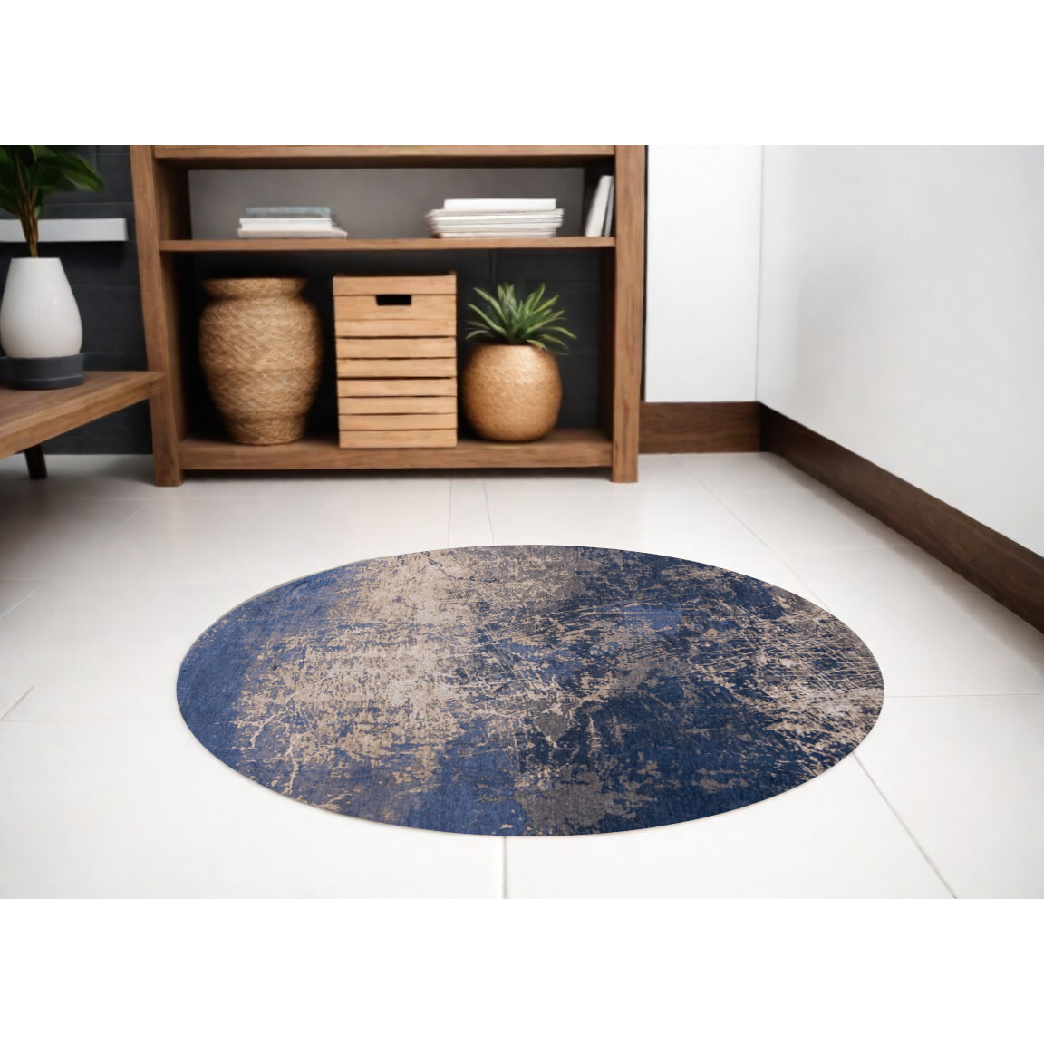 5' Blue and Gray Round Abstract Non Skid Area Rug