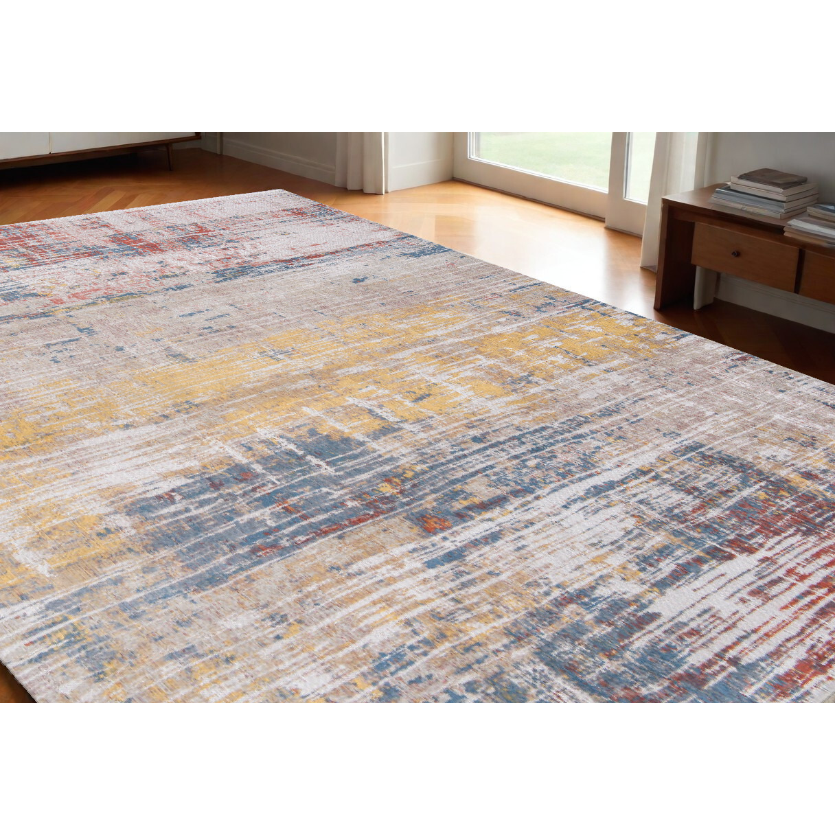 5' X 7' White Abstract Non Skid Area Rug