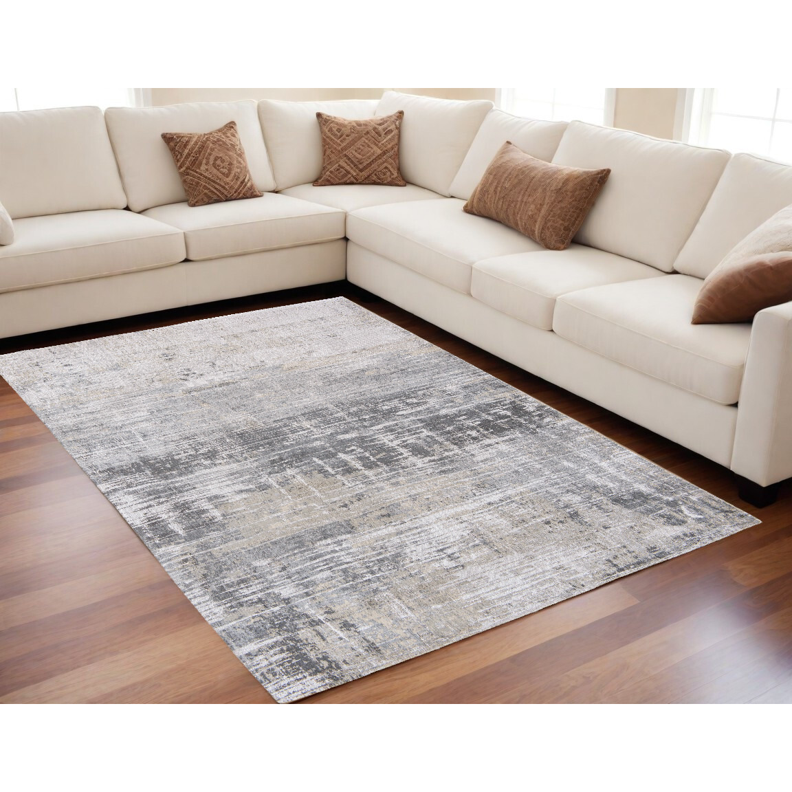 5' X 7' Gray and White Abstract Non Skid Area Rug