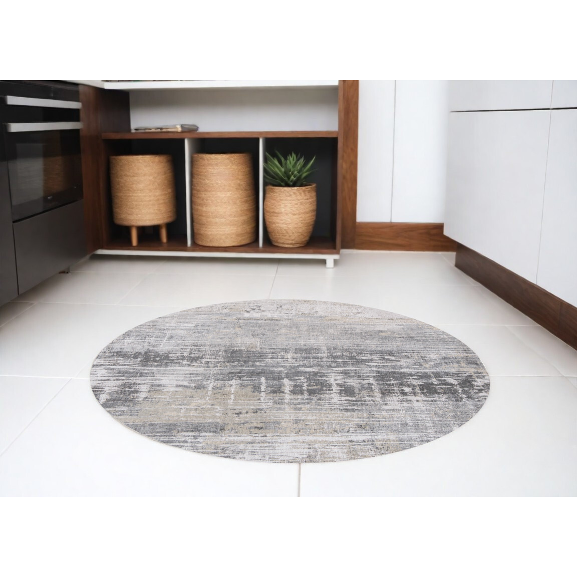 8' Gray and White Round Abstract Non Skid Area Rug
