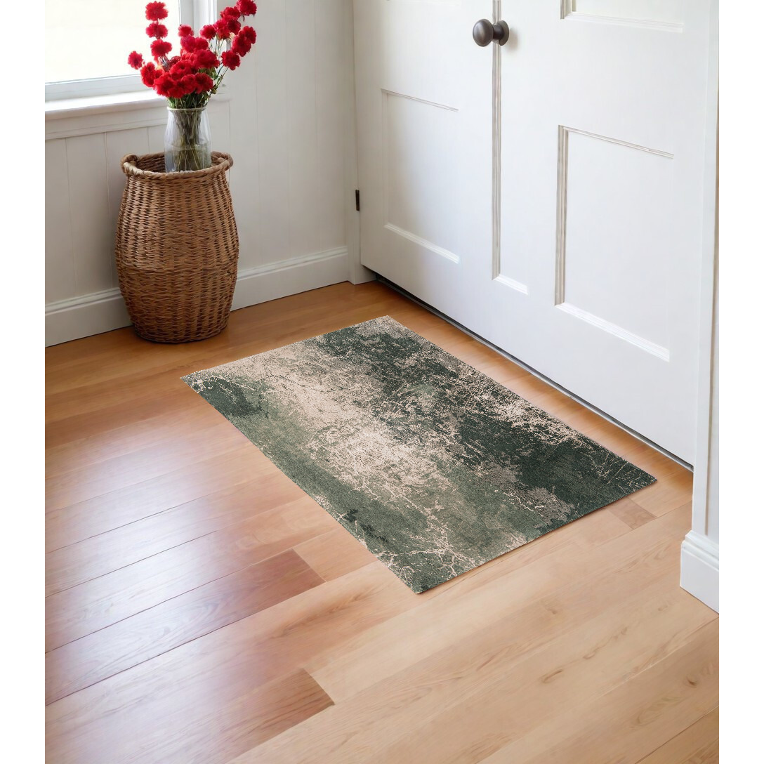 3' X 5' Beige and Green Abstract Non Skid Area Rug