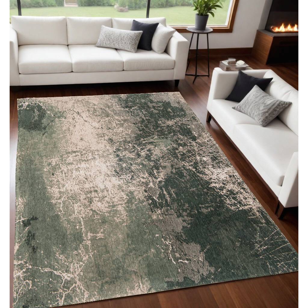 5' X 7' Beige and Green Abstract Non Skid Area Rug