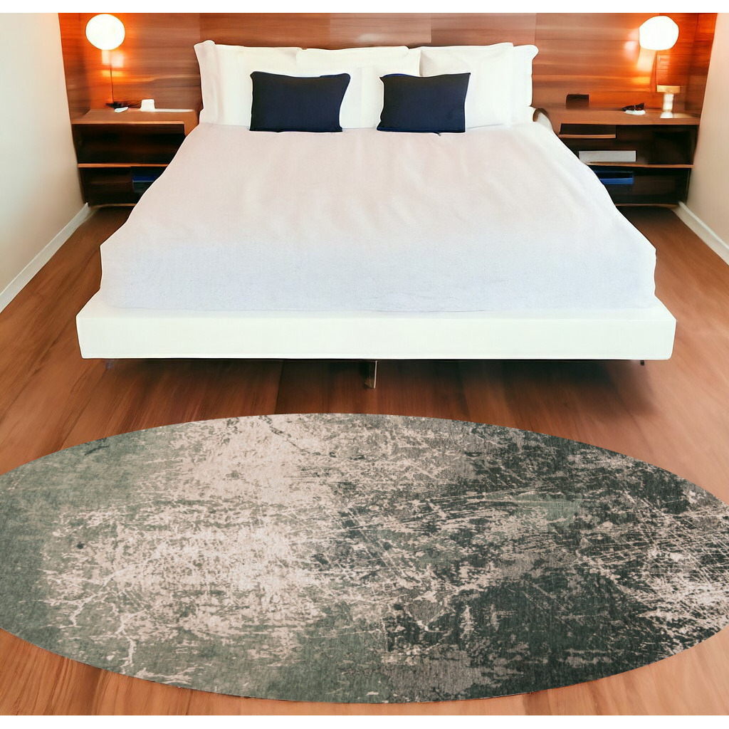 8' Beige and Green Round Abstract Non Skid Area Rug
