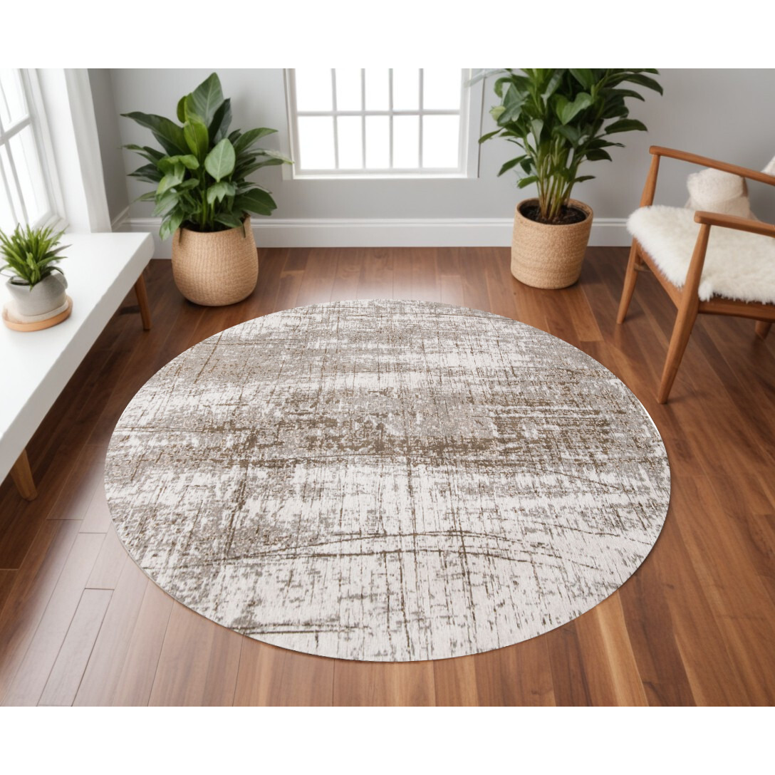 8' Gray and Beige Round Abstract Non Skid Area Rug