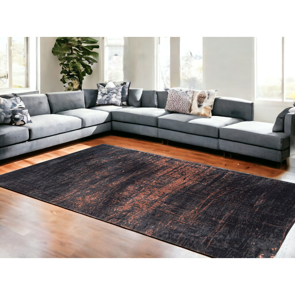 9' X 13' Black and Gold Abstract Non Skid Area Rug