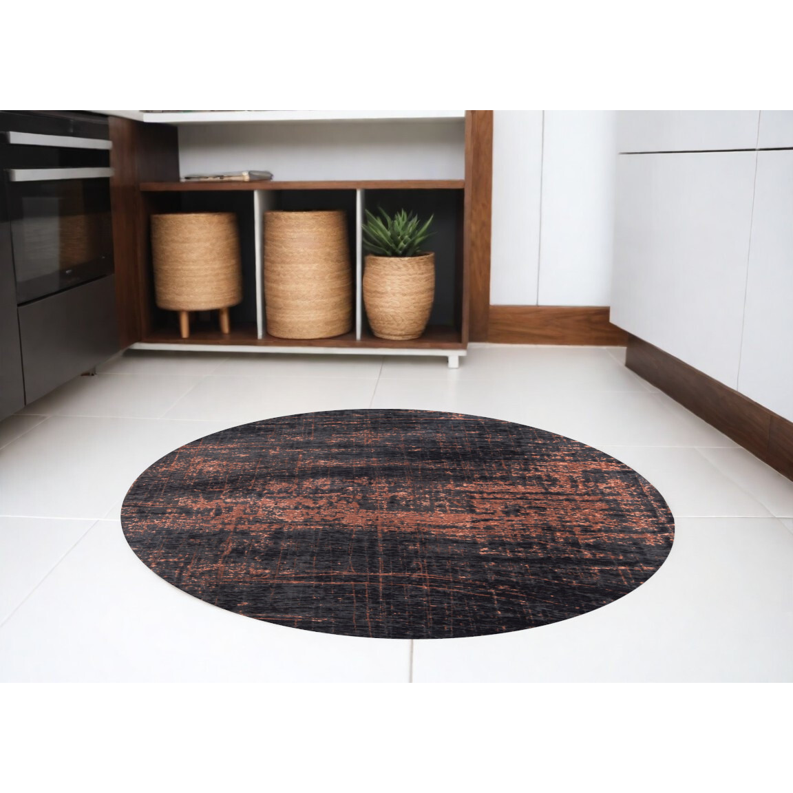 5' Black and Gold Round Abstract Non Skid Area Rug