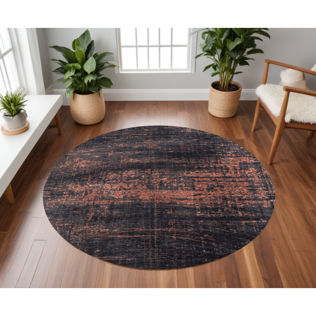 8' Black and Gold Round Abstract Non Skid Area Rug