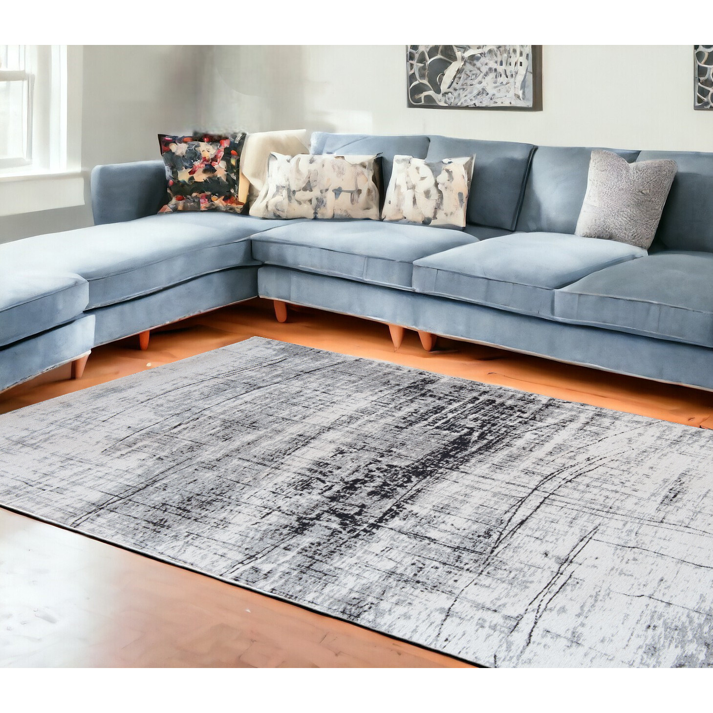 7' X 9' Black and White Abstract Non Skid Area Rug