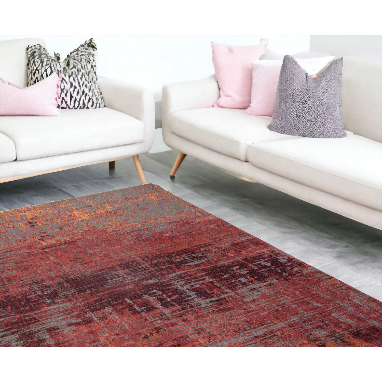 7' X 9' Red and Gray Abstract Non Skid Area Rug