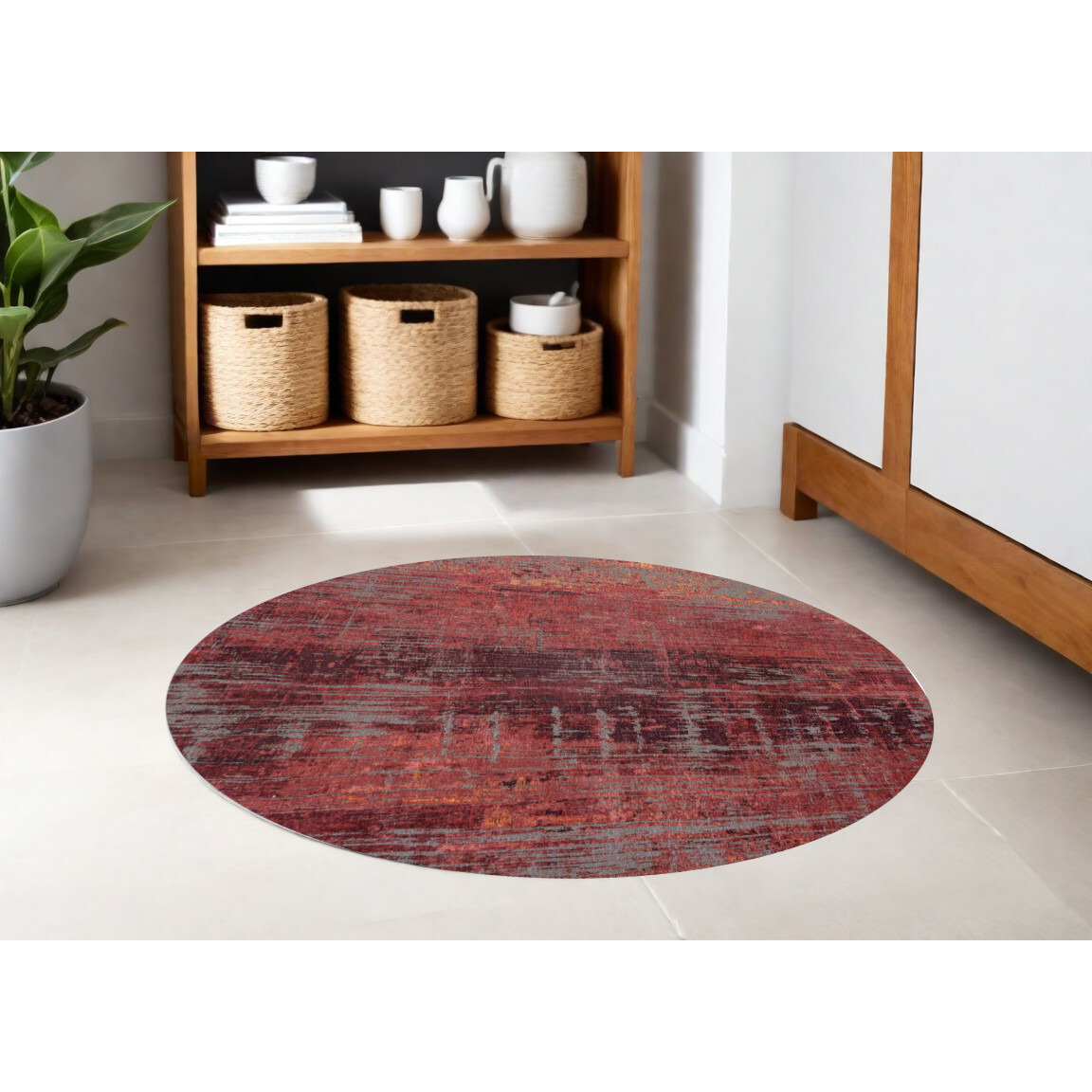5' Red and Gray Round Abstract Non Skid Area Rug