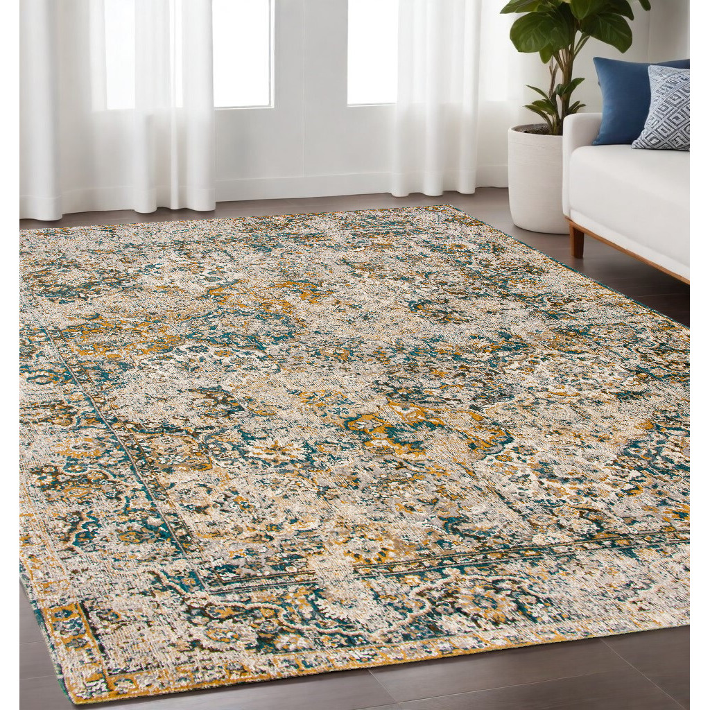 5' X 7' Blue and Green Abstract Non Skid Area Rug