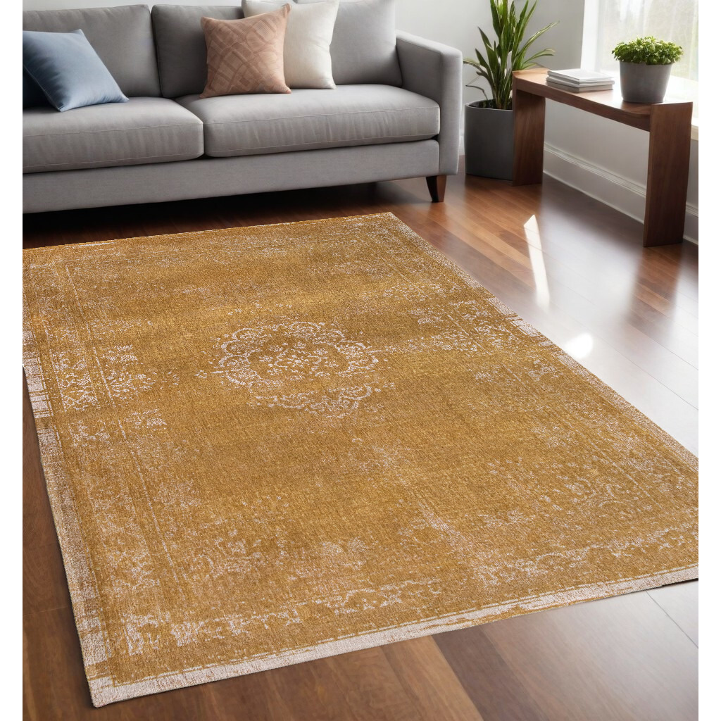 5' X 7' Orange and White Medallion Non Skid Area Rug