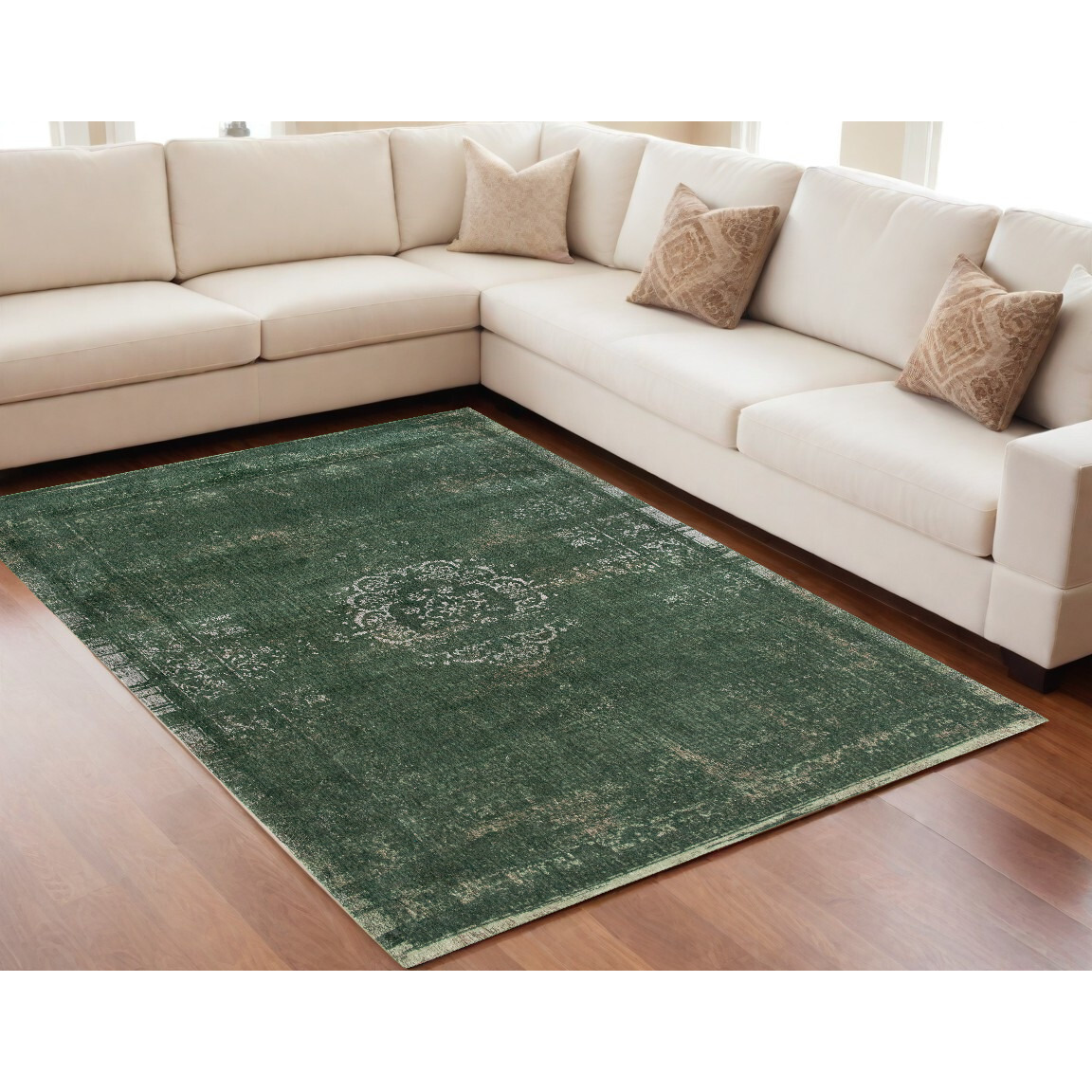 5' X 7' Gray and Green Medallion Non Skid Area Rug