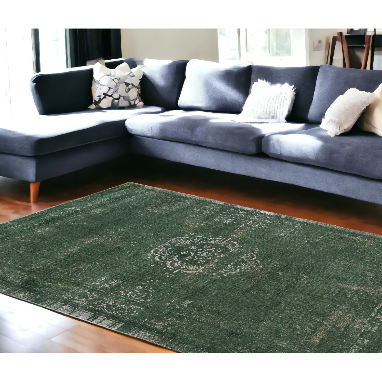 6' X 8' Gray and Green Medallion Non Skid Area Rug