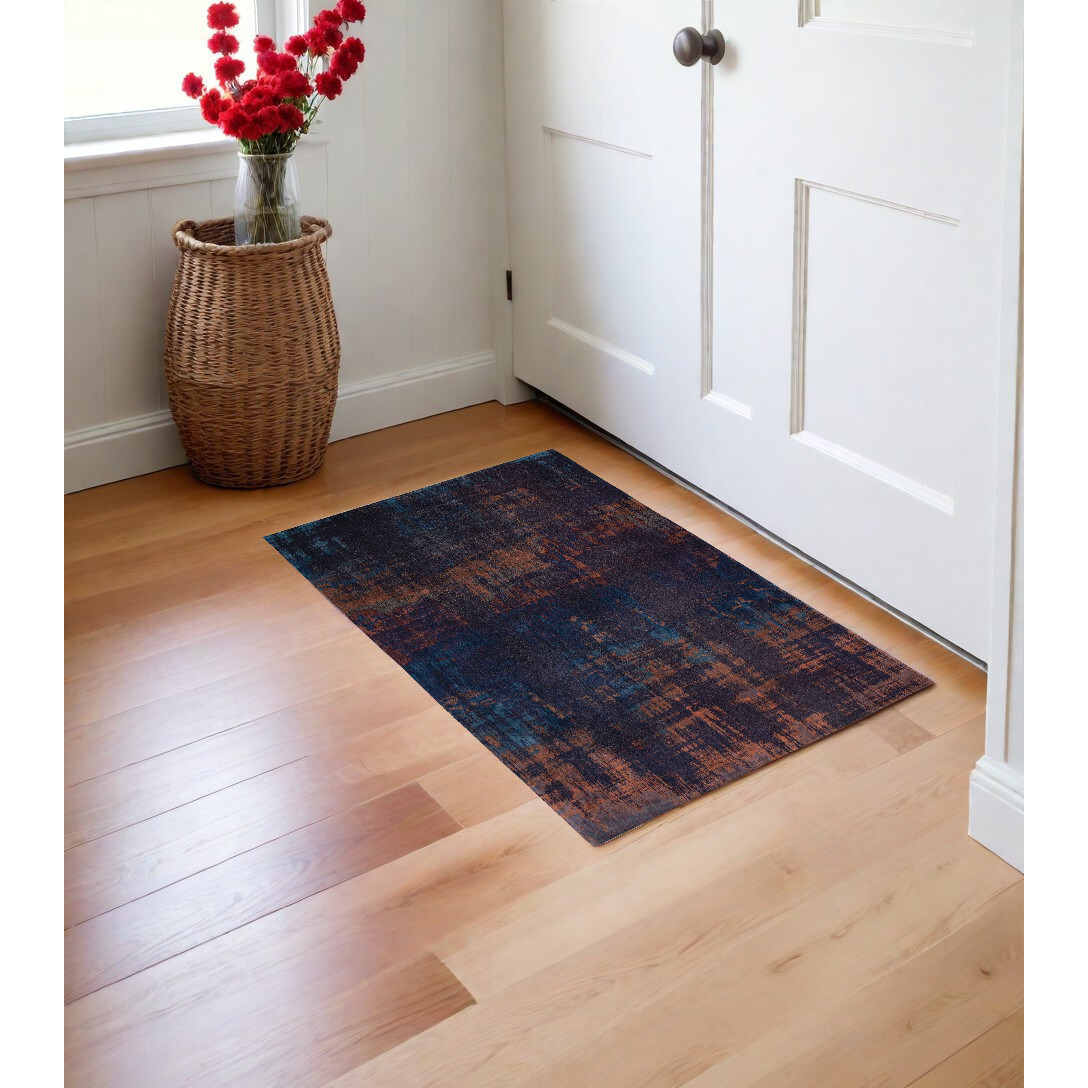 3' X 5' Blue and Brown Abstract Non Skid Area Rug