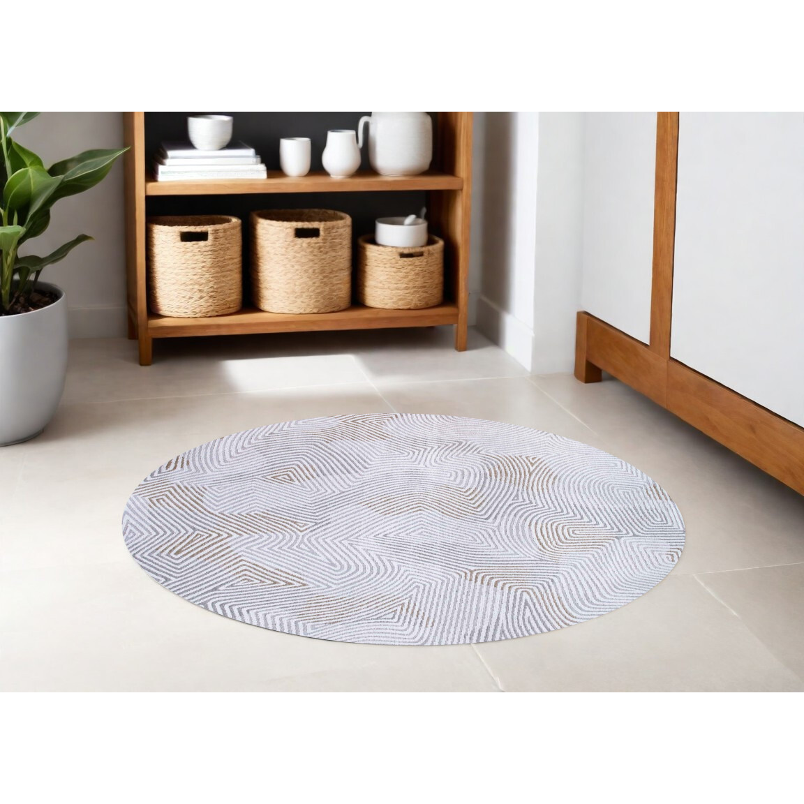 8' White Round Abstract Non Skid Area Rug