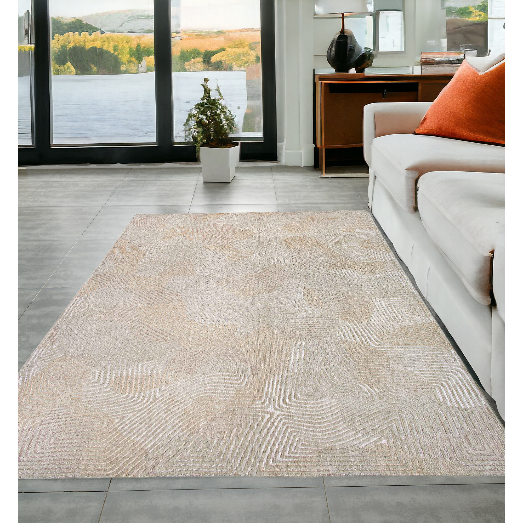 5' X 7' Beige and White Abstract Non Skid Area Rug