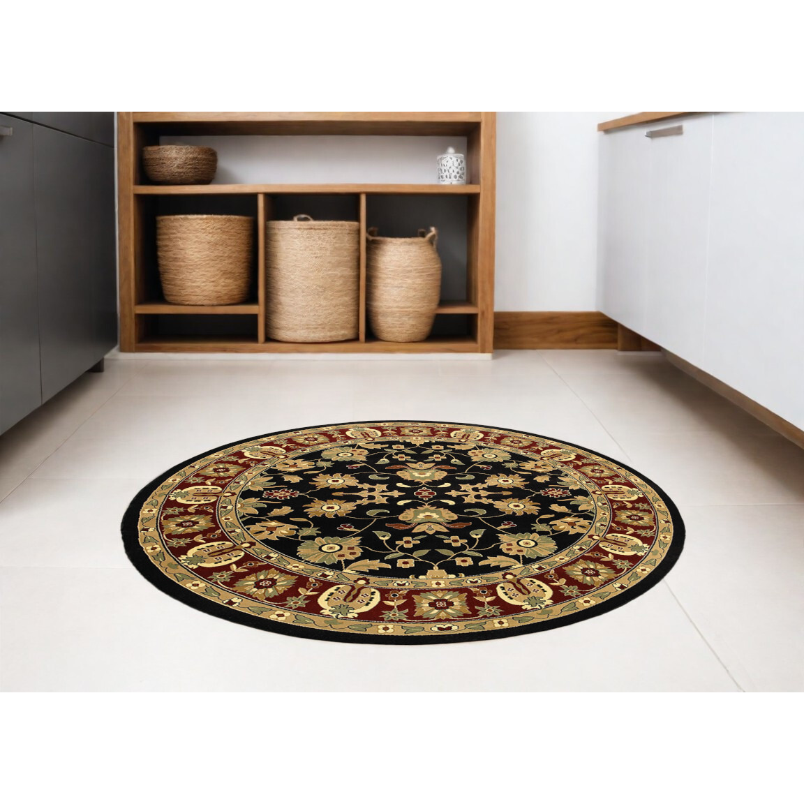 6' Black and Red Round Floral Area Rug