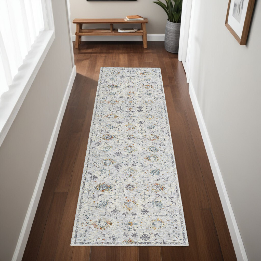 8' Runner Ivory and Blue Floral Runner Rug