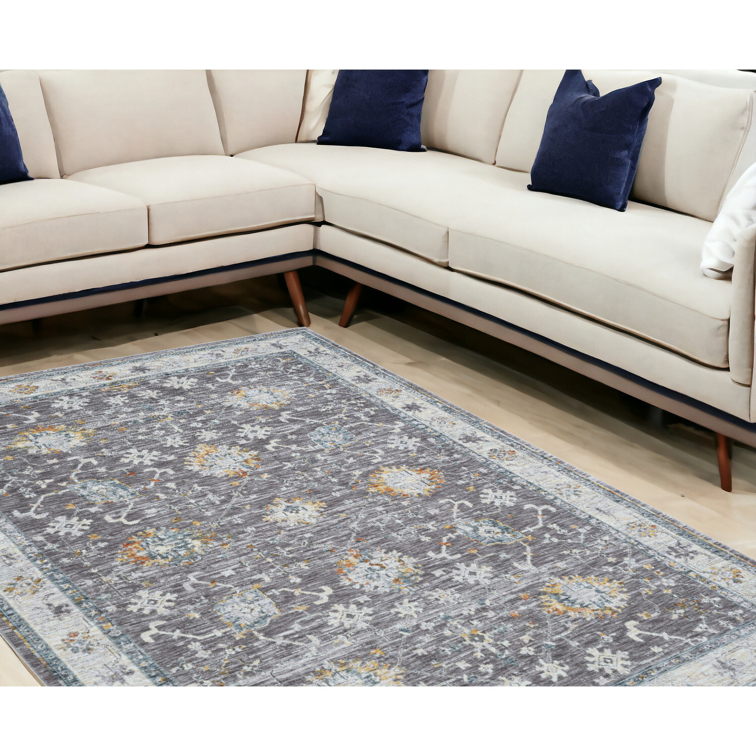 8' X 10' Gray and Ivory Floral Area Rug