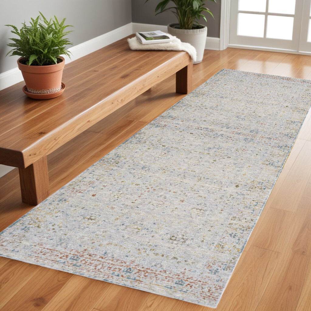 8' Runner Gray and Blue Floral Distressed Runner Rug