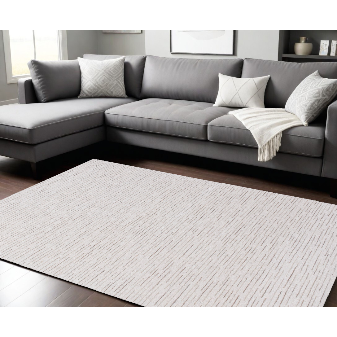 9' X 12' Beige and Ivory Wool Striped Hand Tufted Area Rug