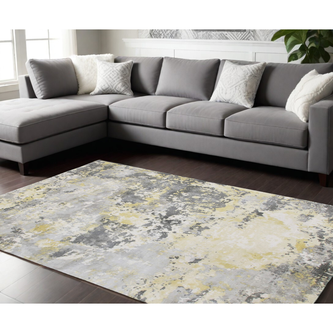 9' X 12' Gray and Yellow Abstract Hand Loomed Area Rug