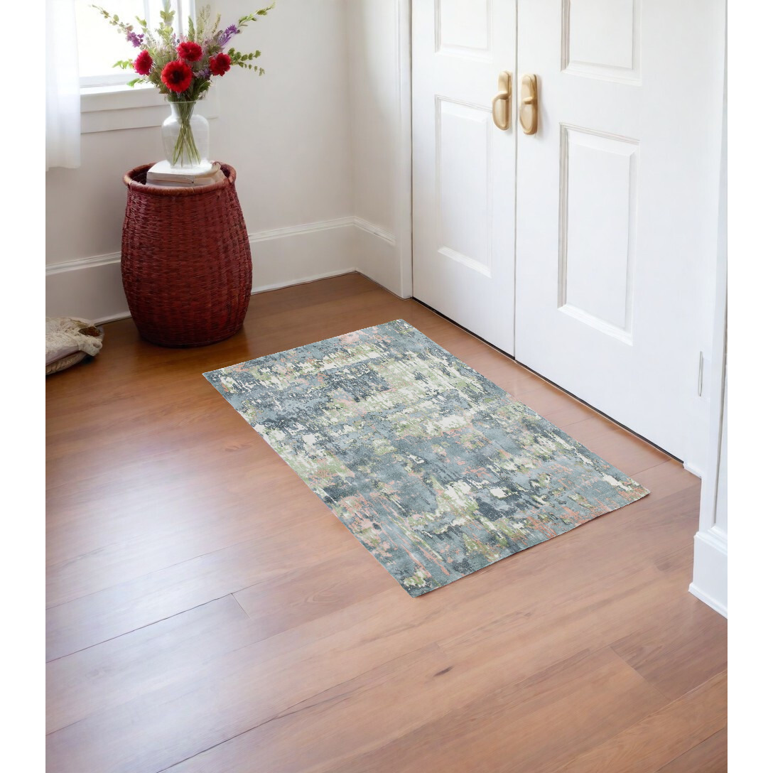 2' X 3' Gray and Yellow Abstract Hand Loomed Area Rug