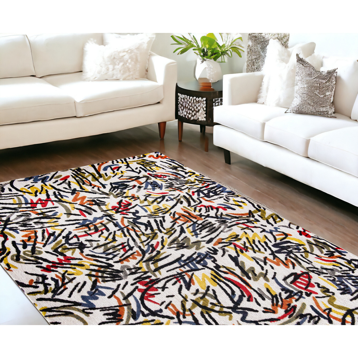 8' X 11' White Abstract Non Skid Area Rug