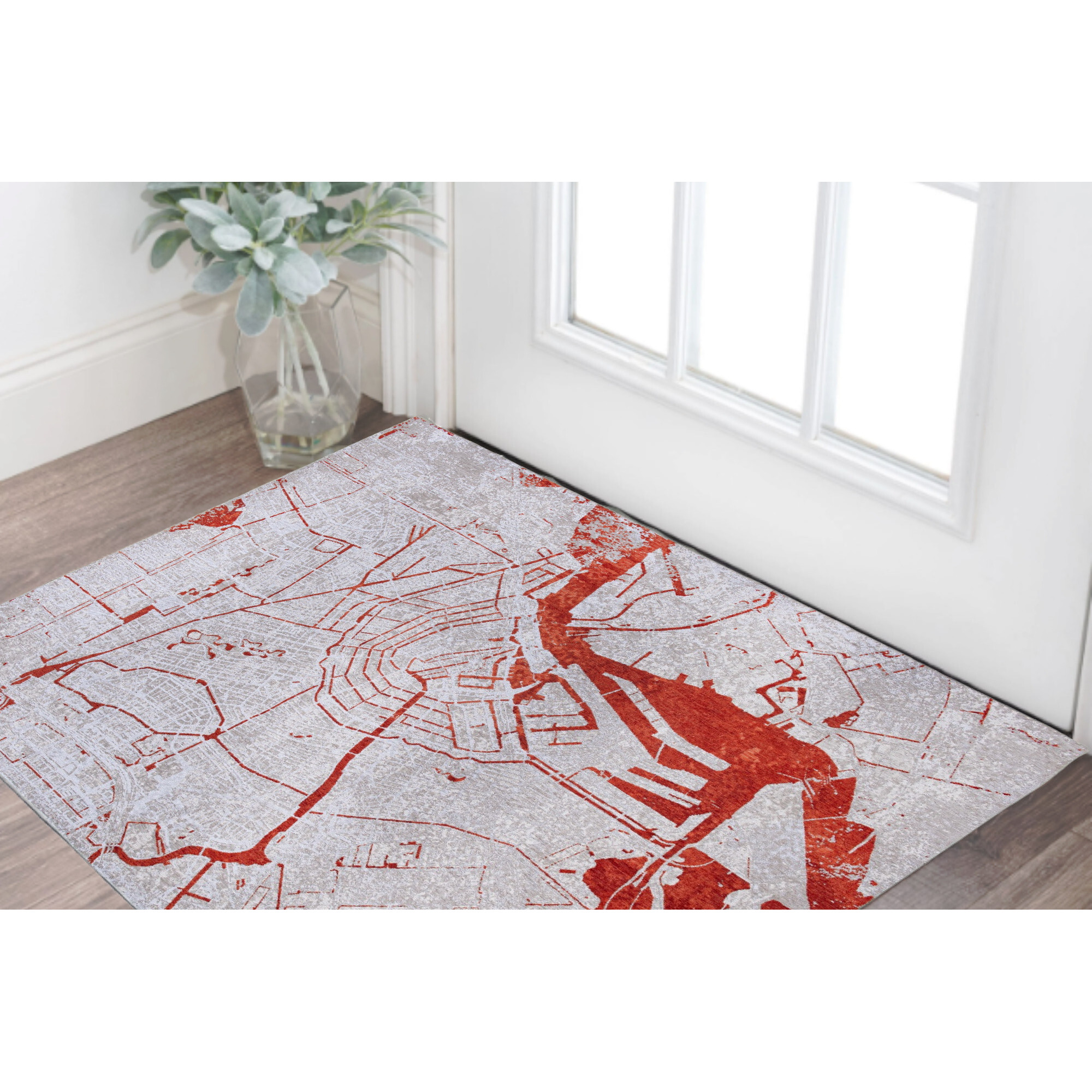 3' X 5' Red and White Abstract Non Skid Area Rug