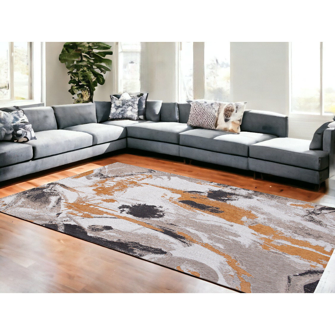 6' X 8' Gray and White Abstract Non Skid Area Rug