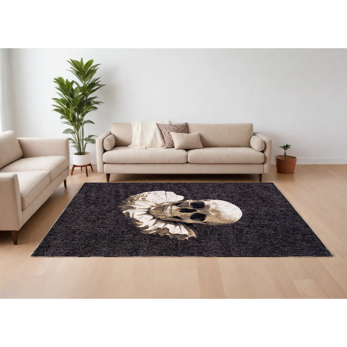 9' X 13' Black and White Funky Skull Non Skid Area Rug