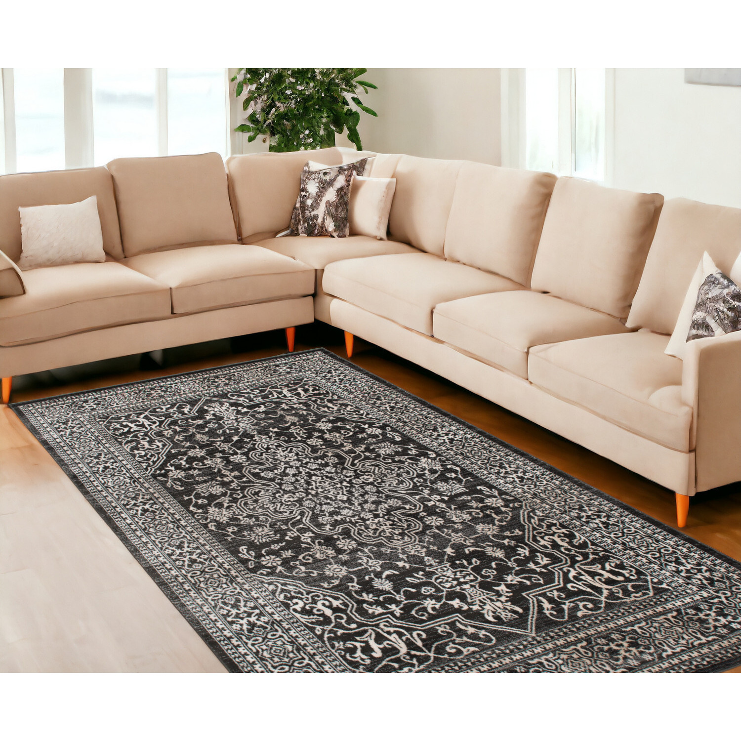 8' X 10' Black and Ivory Oriental Distressed Area Rug